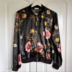 Bomber Zip Up Sweater Woman's Size Small Floral Print Pockets Full Zip Black S